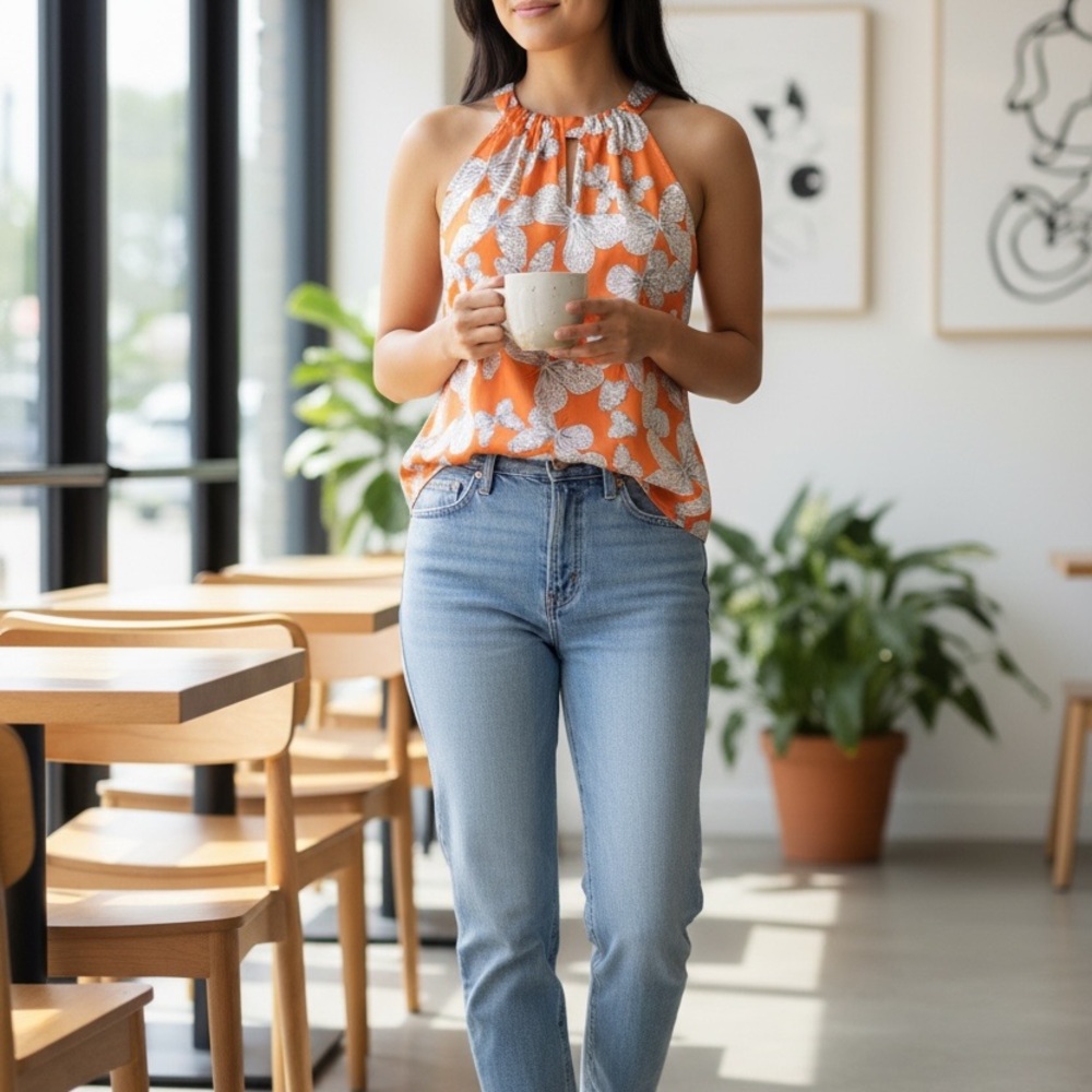 Outback Red Vibrant Orange Camisole with White Floral Design A311